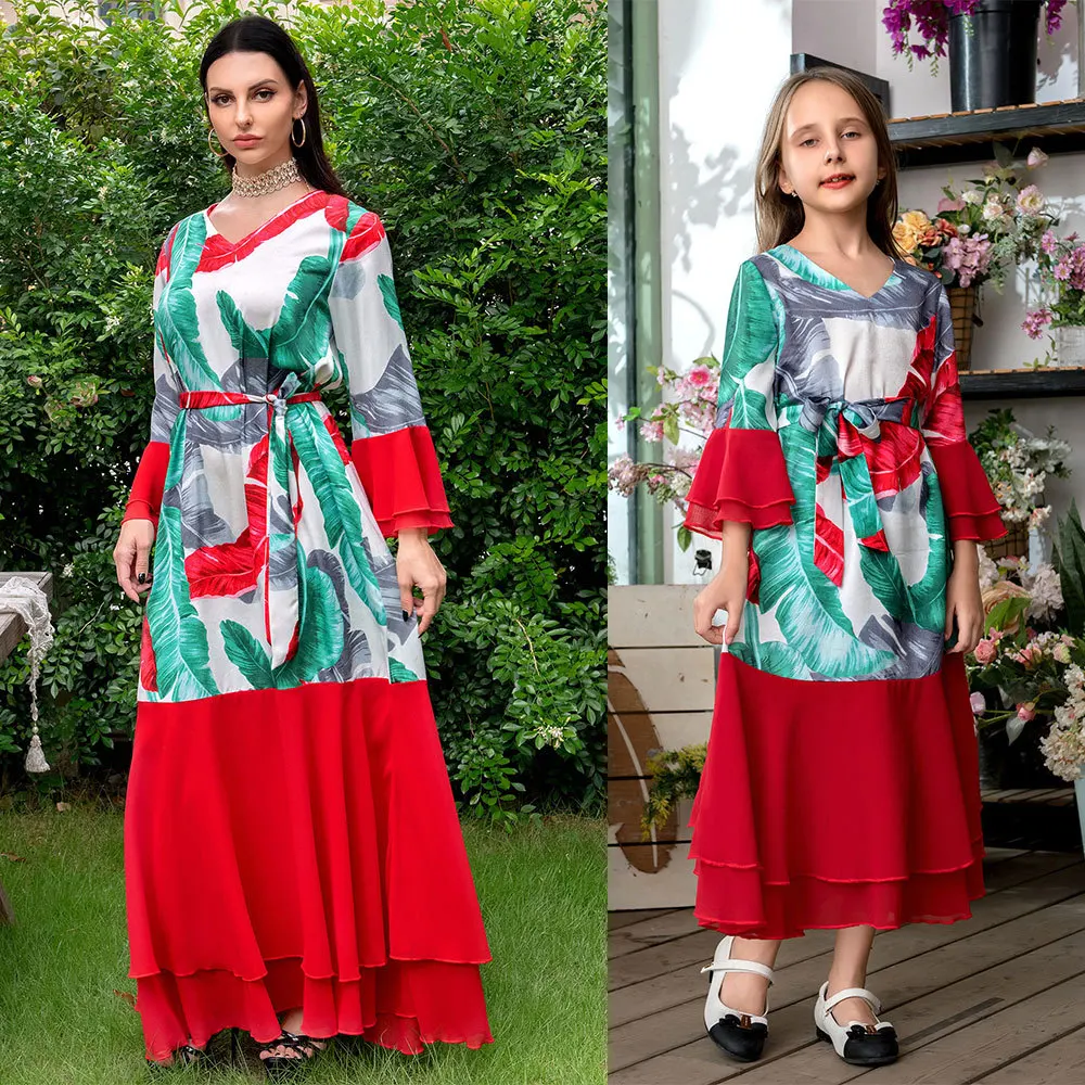 Dubai cute Printed abaya kaftan parent-child attire/dress/outfit for Islamic ethnic mother & daughter/girls clothing
