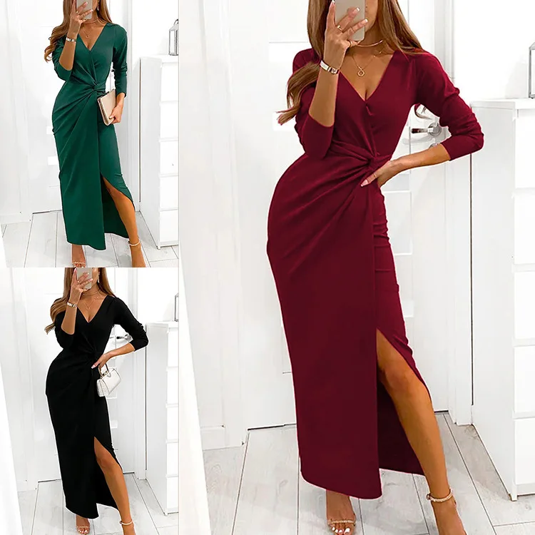 China supplier Floor-Length V-neck Collar Casual Solid Color Elegant Slim-fit Dress