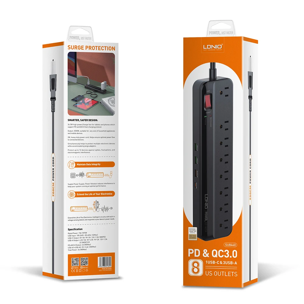 LDNIO SU8440 Surge Protector with 8 Outlets and 4 USB Ports Flat Plug Extension Cord (1875W/15A)for Home Office USA Power Strip