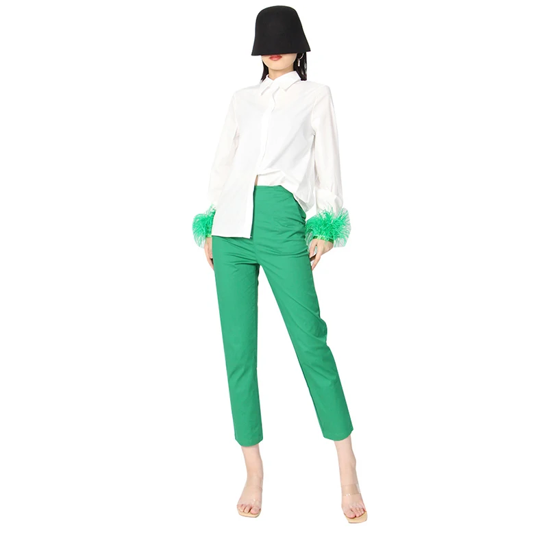 TWOTWINSTYLE Women Two Piece Set Patchwork Feathers Shirts High Waist Pants Two Piece Set