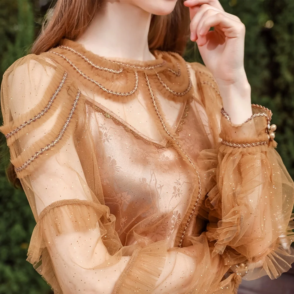 Elegant Vintage Casual Ladies Tops Shirts Long Sleeve Lace Appliques Sheer Tops