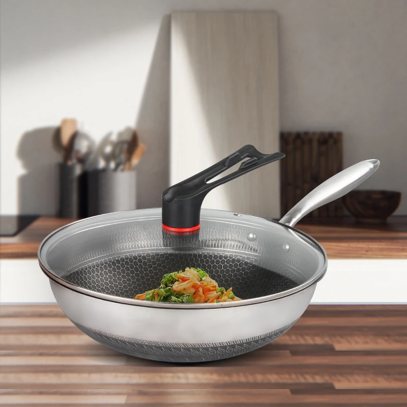 Good Quality Thickened Stainless Steel Wok Honeycomb Nonstick Frying Pan With Glass Lid