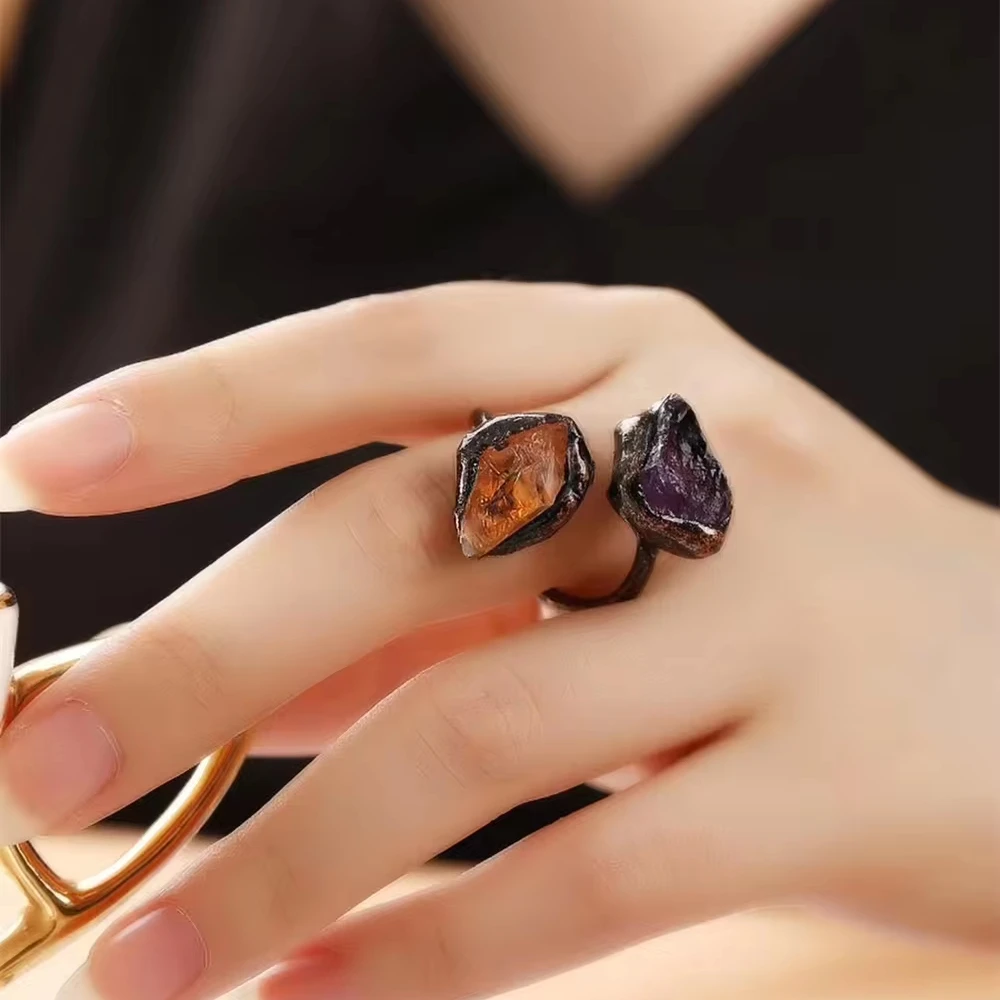 Vintage Soldered Jewelry Natural Stone Irregular Crystal Double Stone Rings Retro Style Amethyst Citrine Jewelry For Unisex Gift