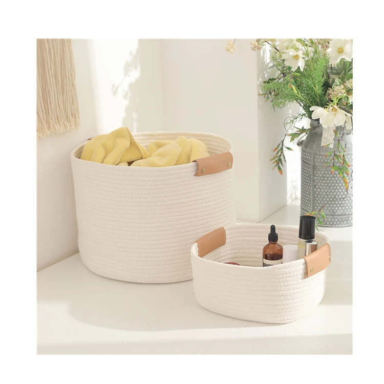 Wholesale Decorative fashion foldable Woven laundry basket collapsible toys cotton rope storage basket with Leather Handles