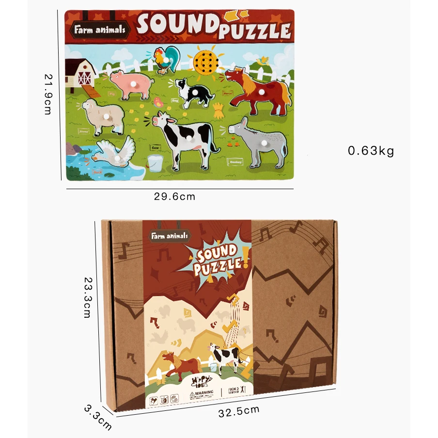 Wooden Cartoon Animal Vehicle Instrument Make Sound 3D Jigsaw Puzzle Board Baby Early Educational Child Toys For Kids Boys Girls