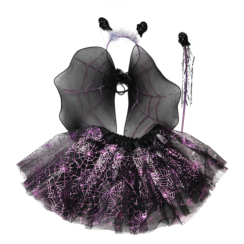 Kids Halloween Spider Web Print Tutu Dress Purple Devil Angel Costume Wings Fairy Wand with headband 4pcs