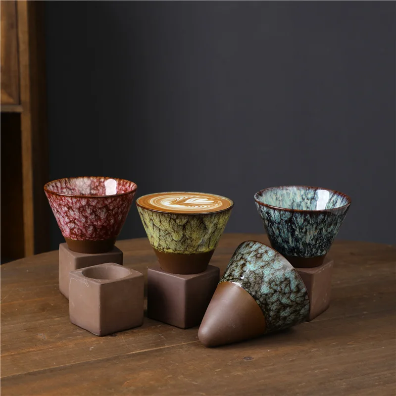 200ml Rough Pottery Retro cone shape Espresso mug Creative Handmade Kiln Change Ceramic Tea Cup with Base Stoneware