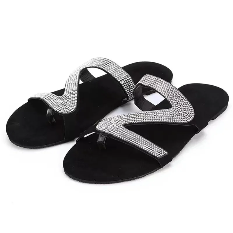 Large Size Rhinestone Sandals New Z-Shaped Summer Flat Bottom Casual Woman Shoes Europe And The United States Open-Toe Slippers