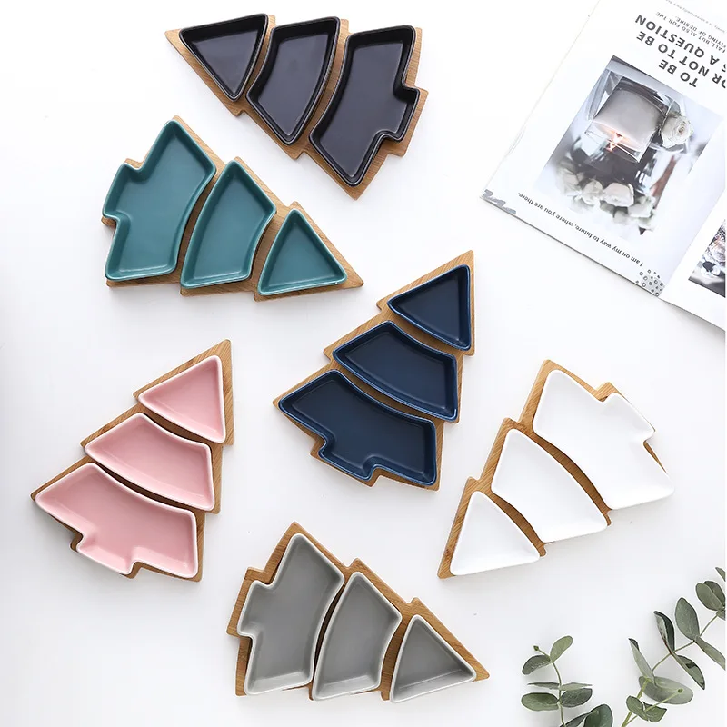 Hot selling 2023 Nordic Christmas tree shape dessert plate snack plate ceramic plate with bamboo tray