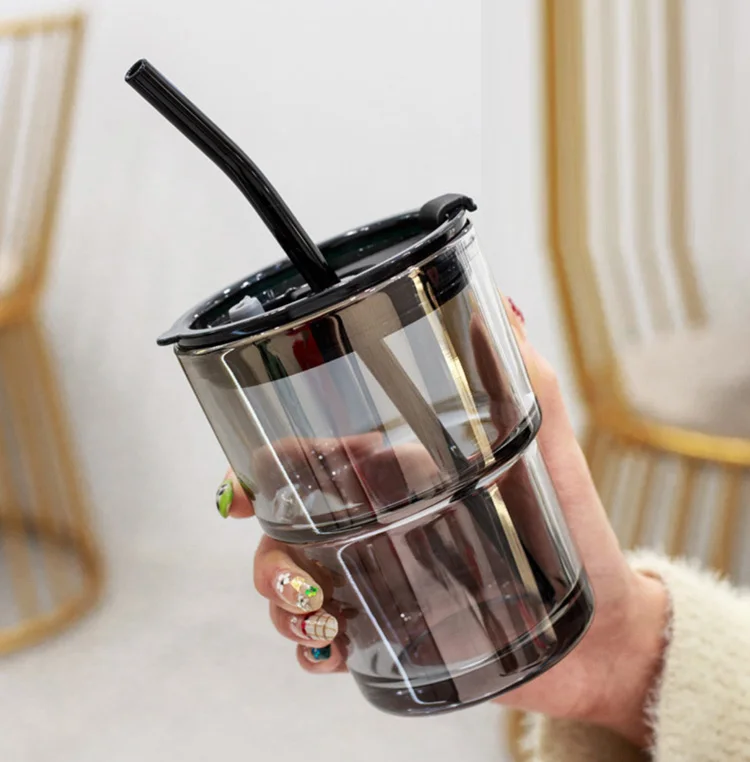 15oz glass coffee mugs travel tumbler with lid straw and Thermal insulation leather cover juice milk Water Drinking cup