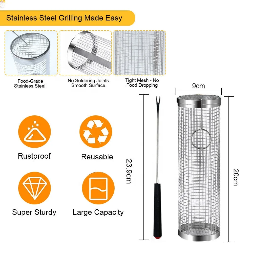 Round stainless steel metal net tube bbq barbecue basket cylinder rolling grilling basket