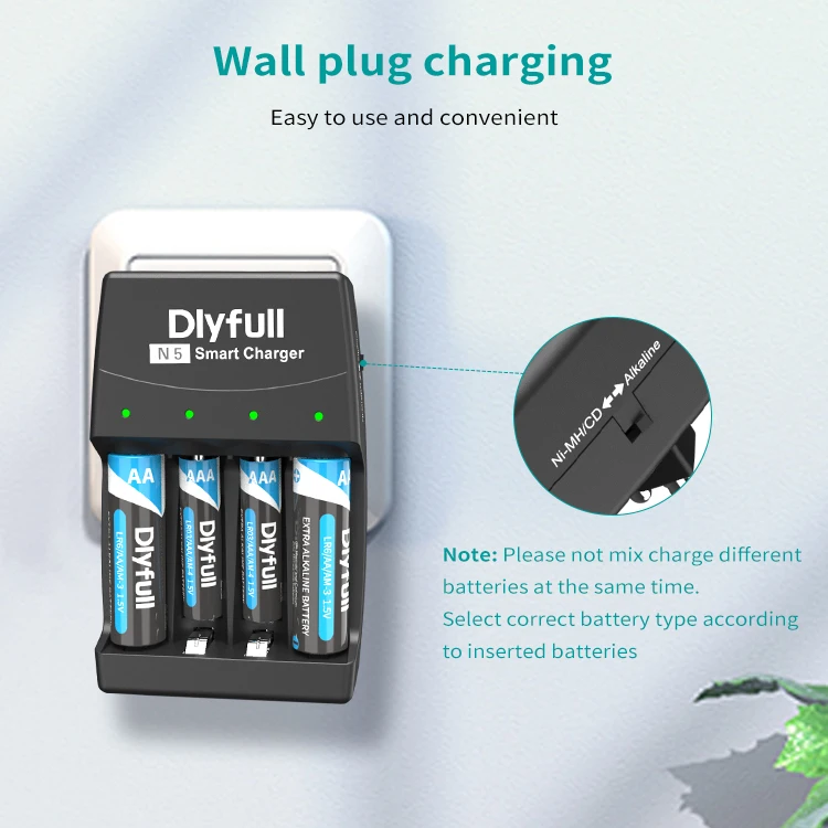 4 Slots Smart Wall Charger Alkaline NiMH NiCd AA AAA Battery Charger for LR03 LR6 Rechargeable and Primary AA AAA Batteries