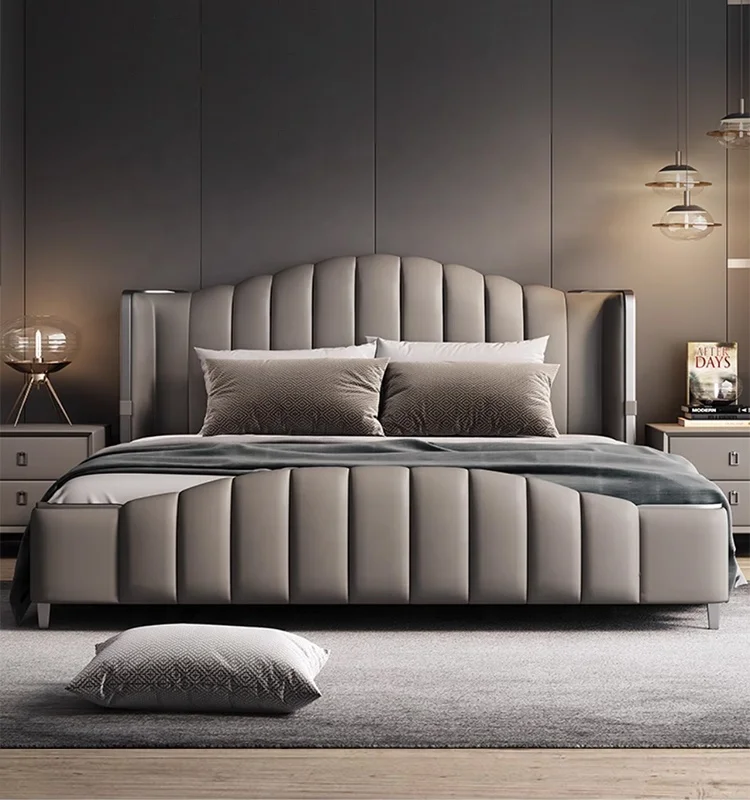 Home bedroom leather king size bed, master bedroom cushioned bed, double king size metal bed