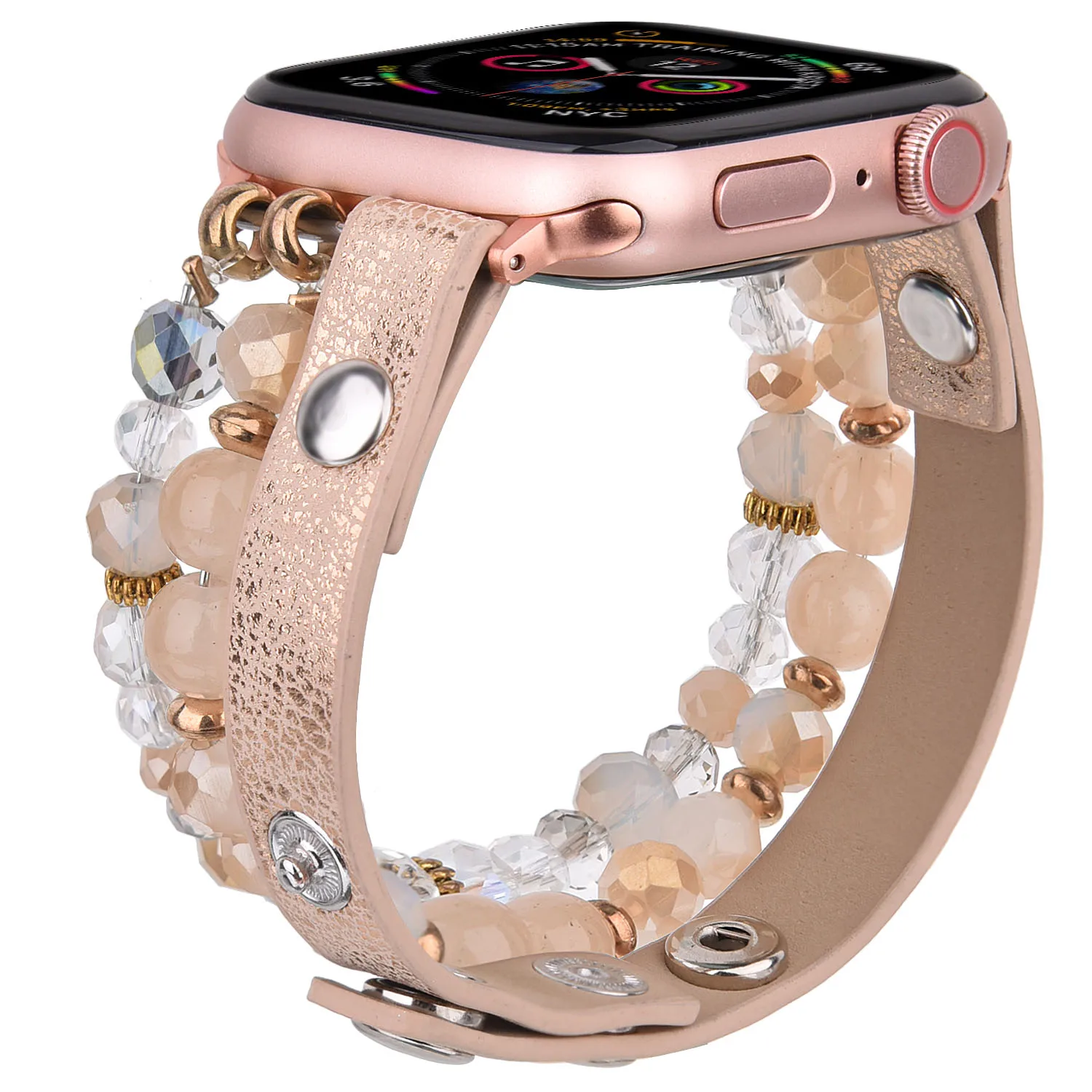 Bracelet Compatible for Apple Watch Bands Women Crystal Elastic Stretch Beaded Straps with Bling Calf Leather for Apple Watch