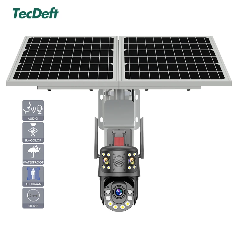 TecDeft Three Lens 4G Cctv Camera 12MP Bullet Wifi Security Solar System With Full Night Vision Auto Network  4g Camera