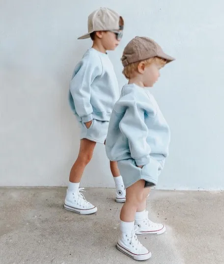 RTS Winter Hot Selling Boys Outfit Solid Color Two Pieces Baby Long Sleeve Crew Neck Elastic Waist Kids Tracksuit Set