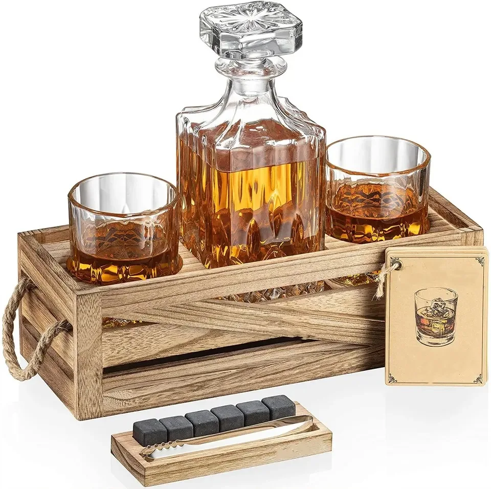 Custom Personalized Whiskey Decanter Set with Whisky Cooling Stones and Rock Glasses in Wooden Storage Box