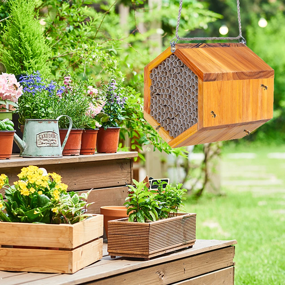 Garden Decoration Handmade Natural  Bee Hive Attracts Mason Bee Pollinators Insect Nest Box House Wooden Mason Bee House