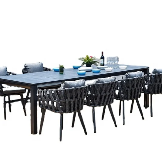 
modern aluminum outdoor furniture garden set extendable dining table set China rock grey table top rope webbing rattan chairs 