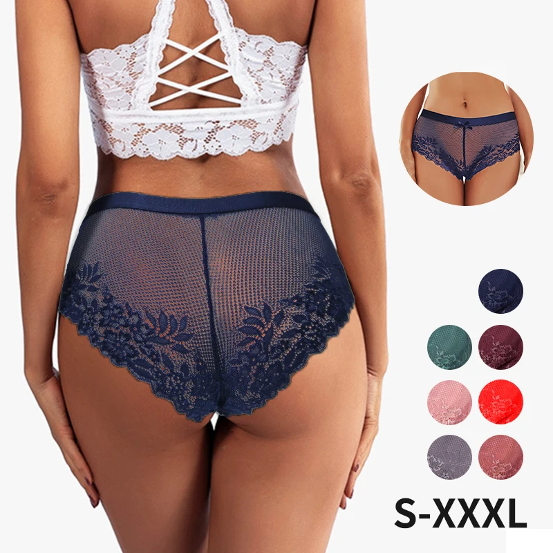 Wholesale Plus Size Xxl Sexy Transparent Comfort Womens Picture Cheeky See Through Panties Woman in Flowers Underwear With Lace