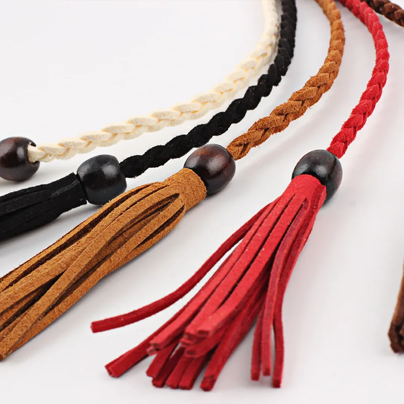 Woven Style Fabric Tassel Waistband Braided Belt Waist Rope Chain Belt Women Decorated Ladies Tassel Belts With Wood Bead