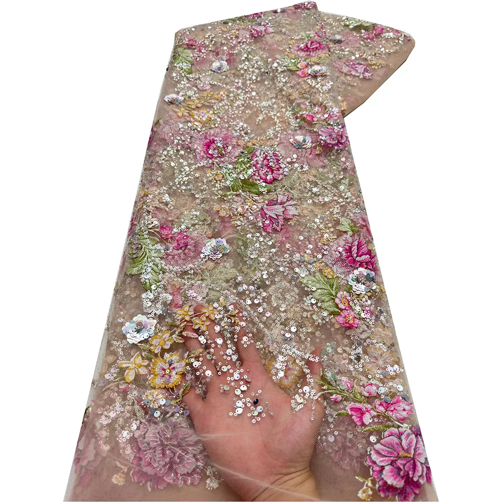 100% Polyester fabric Tejidos bordados colorful sequin 3d Embroidery lace Nigerian Lace Fabric for wedding Dress