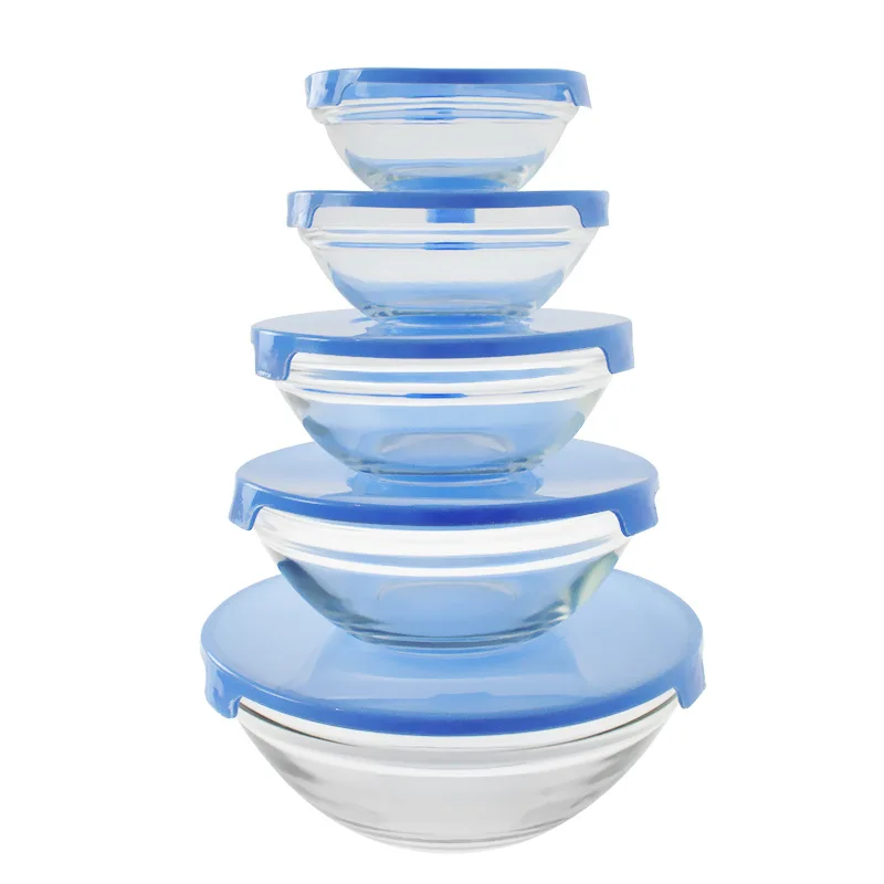 DG household 5-piece glass preservation bowls set kitchen round transparent glass bowl with cover