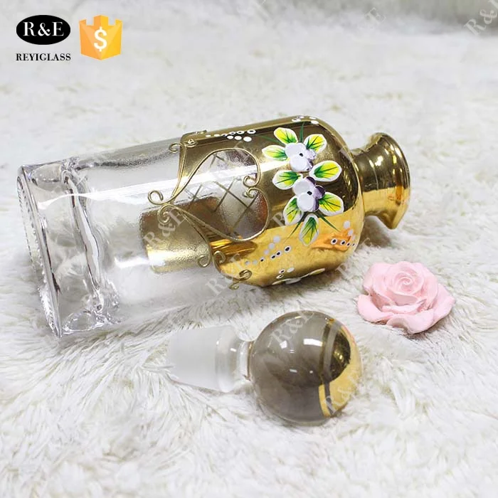 200ml gold decorative display glass decanter for attar perfume oil