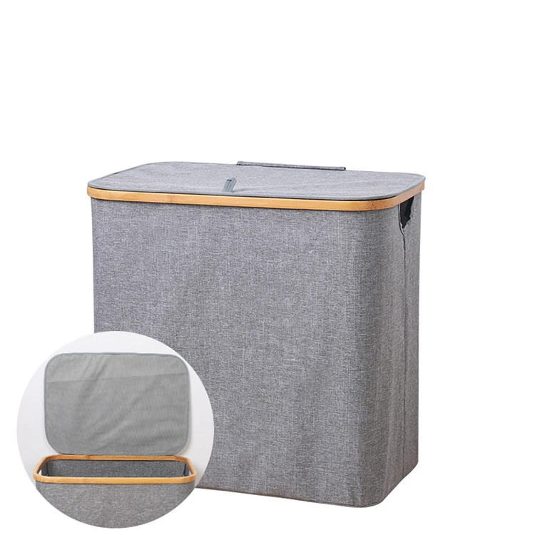 Eco-friendly collapsible bamboo wooden Canvas Clothing laundry basket hamper box With Removable Liner