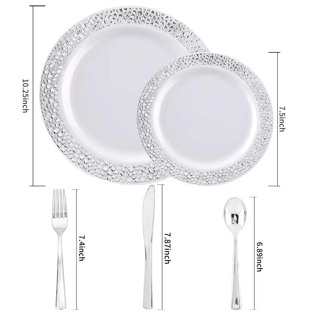 Gold Plastic Plates Disposable Silverware,Hammered Design Plastic Tableware Dinner Plates,Salad Plate Forks, Knife,Spoon