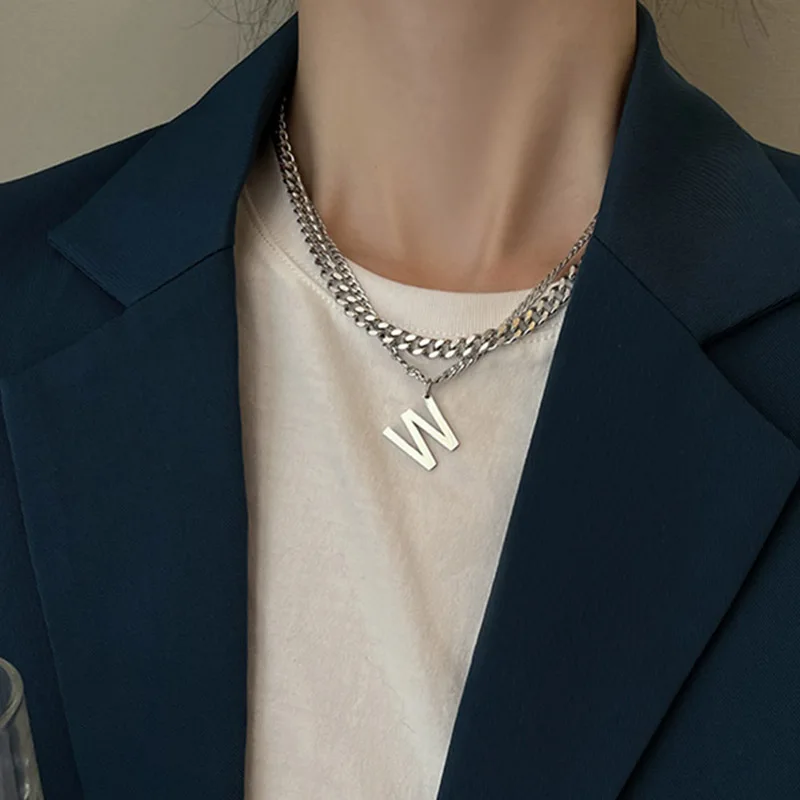 
Fashion letter W female titanium steel double layered sweater chain simple hip hop cuban link chain 