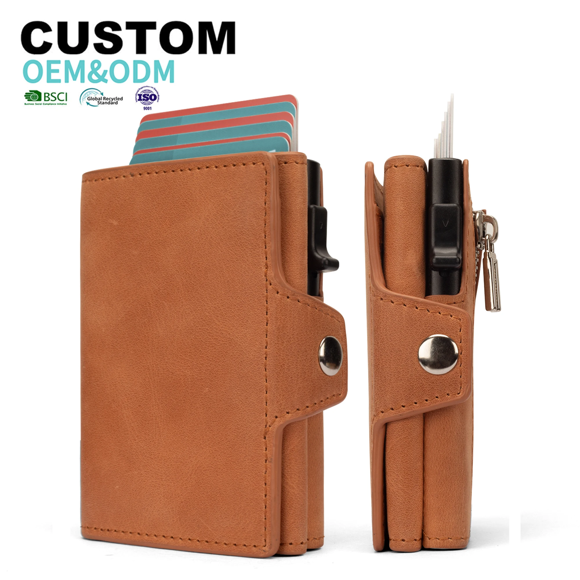 Custom Genuine Leather Zipper Coin Pocket Wallet RFID Blocking Slim Pop Up Metal Aluminum Credit Card Holder Wallet