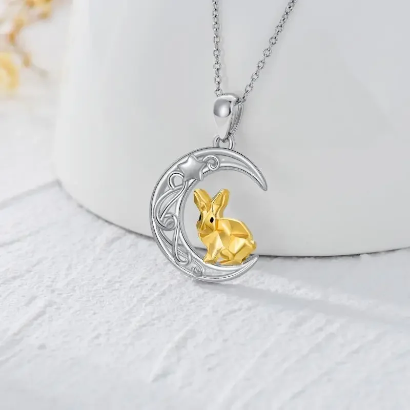 Cute Animal Jewelry Women Girls 925 Sterling Silver Two Tone Necklace Rabbit Moon Star Necklace