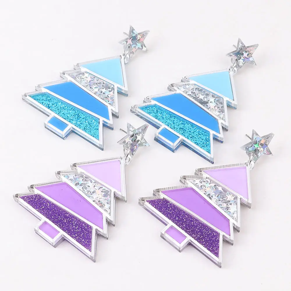 Ins Cute girly Jewelry Christmas glitter Star Moon Romantic pink purple colorful Mirror Christmas Tree earrings Gifts
