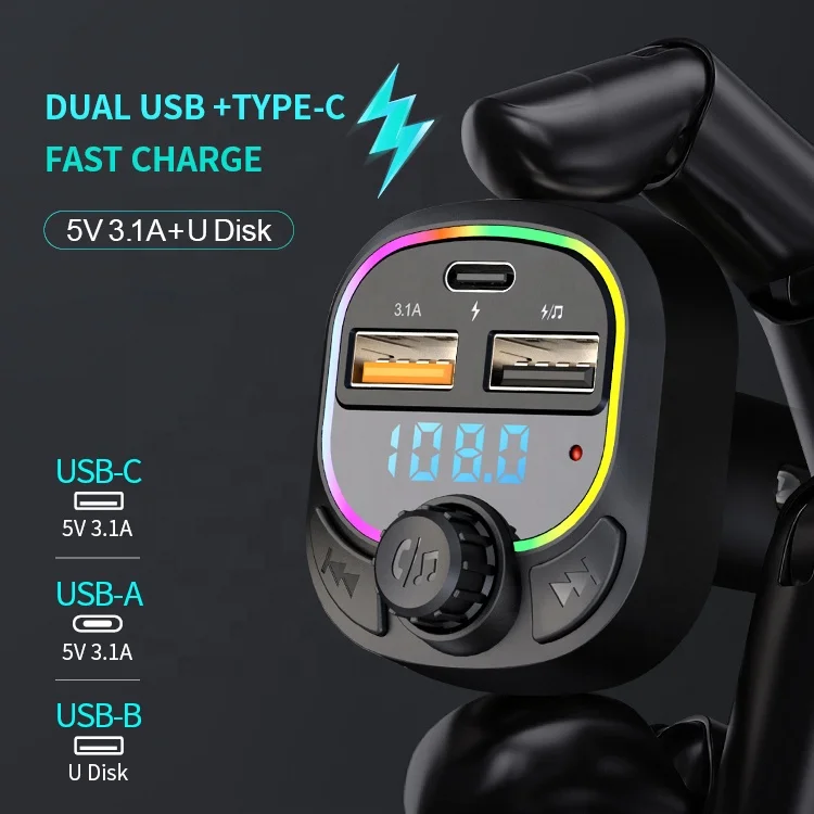 Bluetooth 5.0 FM Transmitter Modulator Audio Receiver USB Fast Charger Ambient Light Handsfree Car Mp3 Player Support U Disk