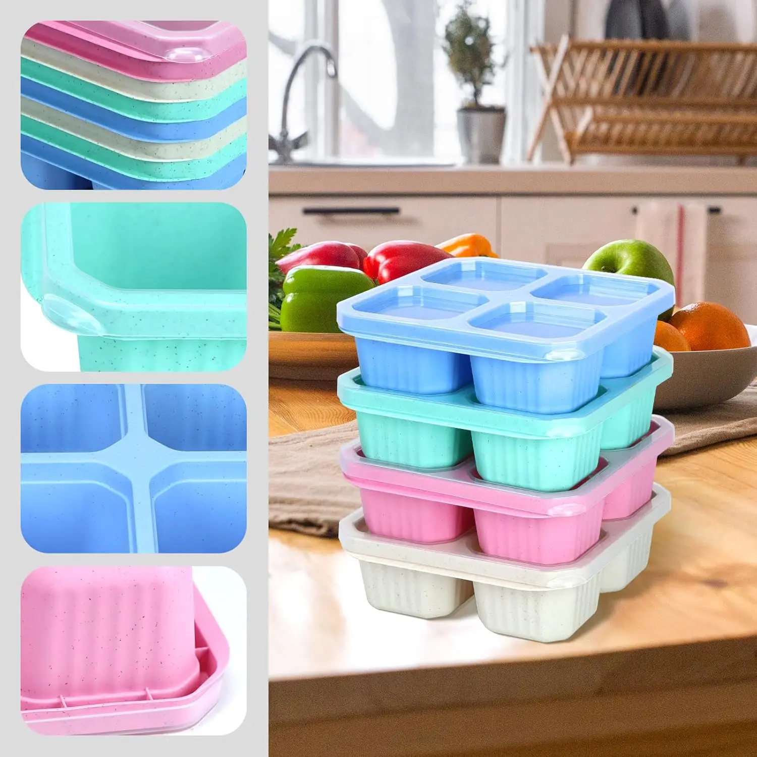 BPA Free Plastic Serving Tray with Lid 4 Compartments Snackle Bento Box Wheat Straw Meal Prep Containers (4 Pack)