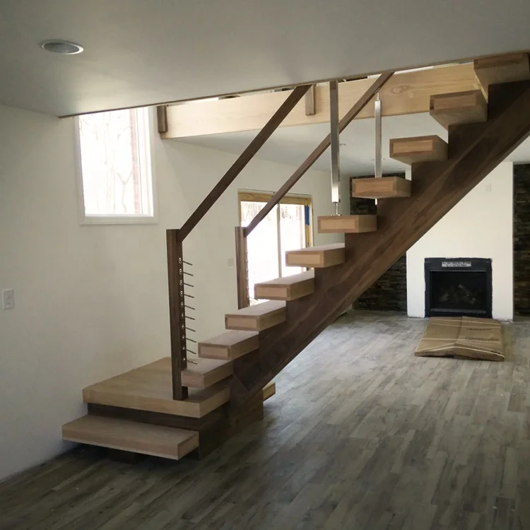 Contemporary Prefabricated Slide Step Walnut Scale Collier Metal Stair L Shaped Stair Straight Staircase Designed For Wood Stair