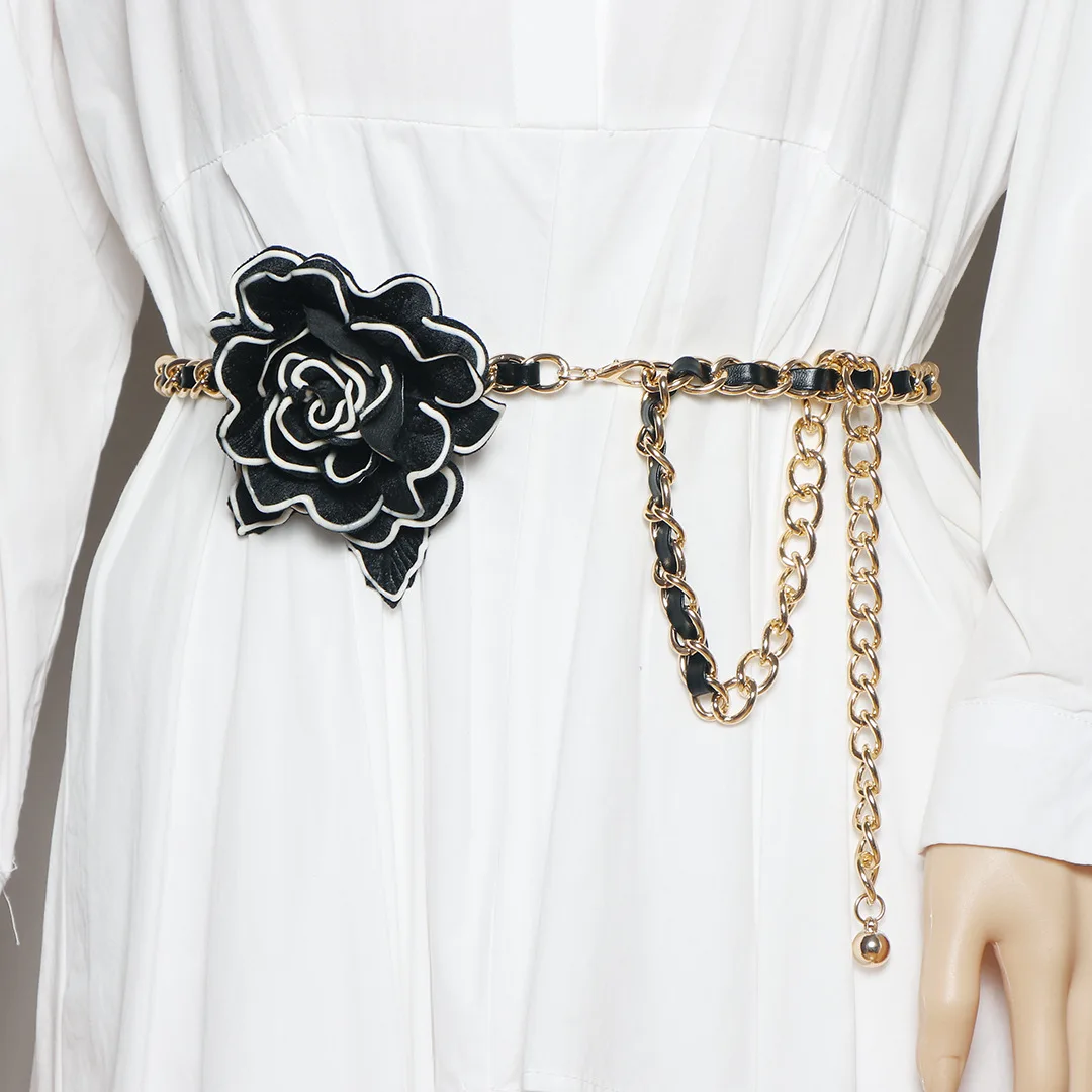 High Quality Designer Leather Belts Elegant Camellia Chain Belt Adjustable Ladies Waist Chain Women Metal Belt Cadena De Cintura