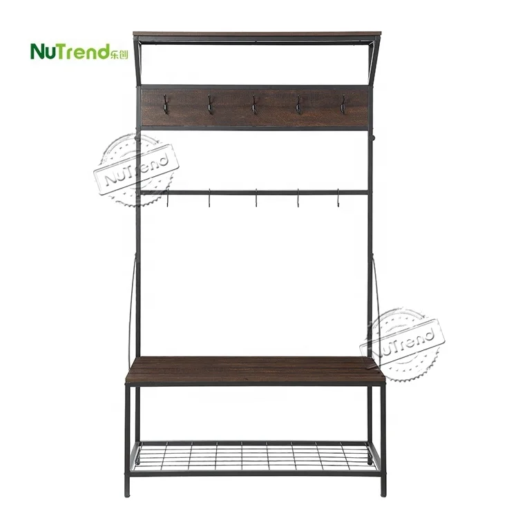 Hall Tree Wood Clothes Hanger Free Stand Entrance Hall Stand Coat Clothes Hanger Wooden Metal Coat Rack with Shoe Bench