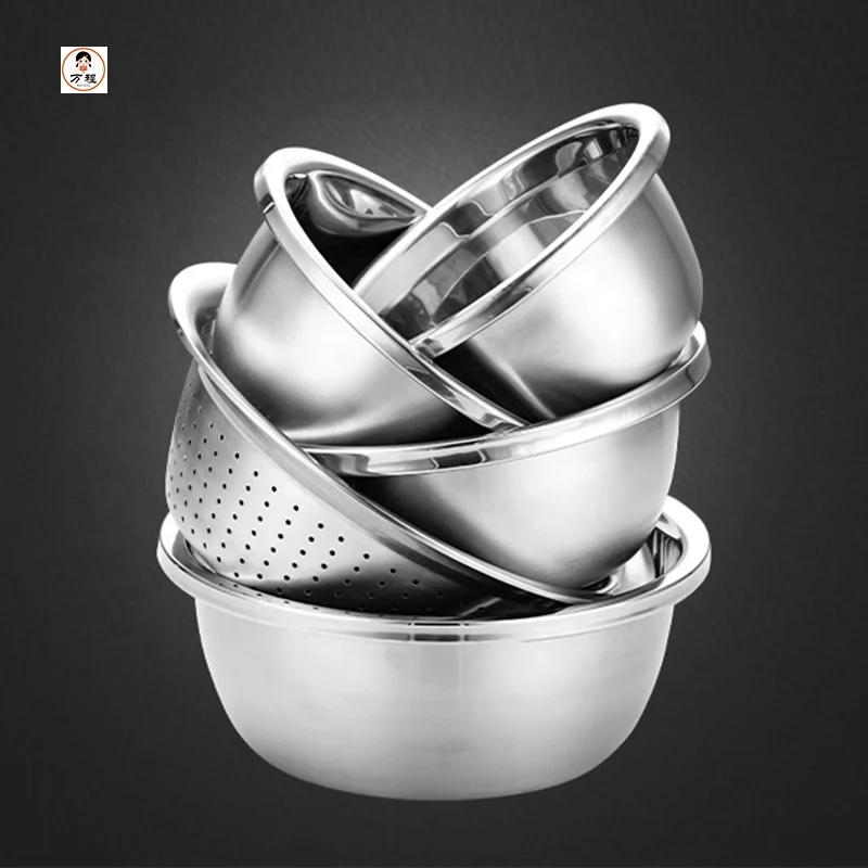 Kitchen Household Five-Piece Bowls Set Stainless Steel Seasoning Basin Set Vegetables Rice Washing Basin With Filter