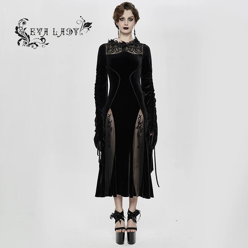 ESKT026 Eva Lady brand ball gown Romantic see through lace sexy women flared sleeve black velvet performance wear evening dress