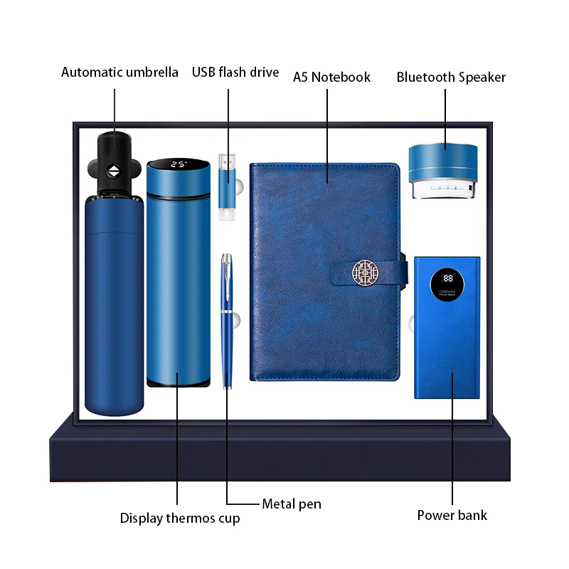 High-end Business Gifts Custom Logo Sets Notebook Pen USB Power Bank Thermos Cup And Bluetooth Speaker Umbrella 7 in 1 Gift Set