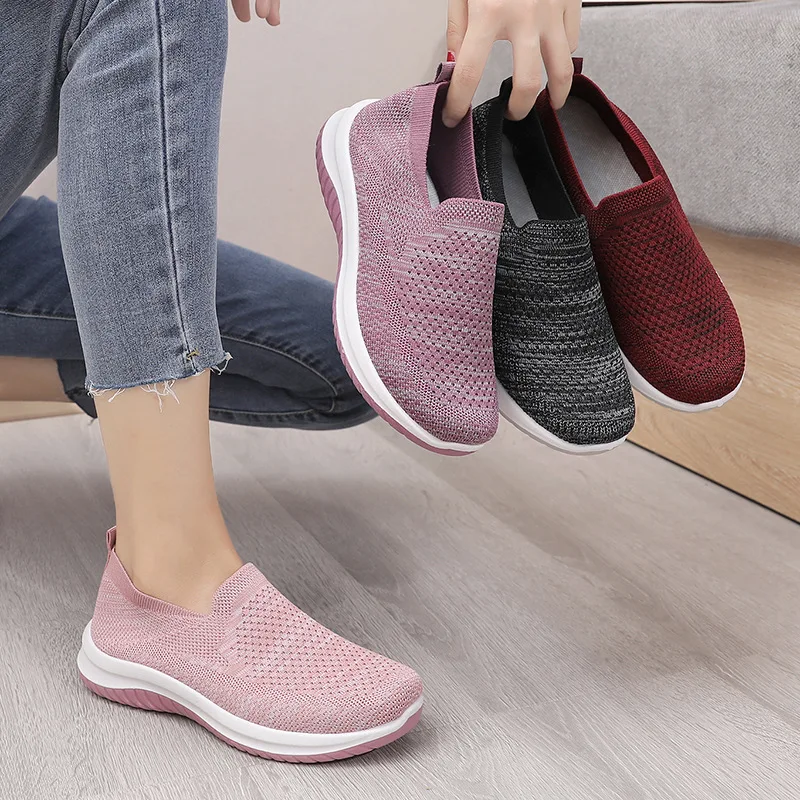 Custom Model Simple Ladies Loafer Shoes Solid Color Round Toe Soft Sole Mesh Breathable Slip-On Ladies Casual Shoes