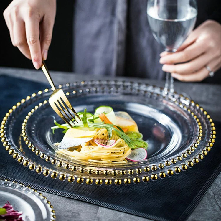 Clear Luxury Glass Wedding Plates Set Supplies Banquet Plates Party Restaurant Home Glass Gold Beaded Charger Plate