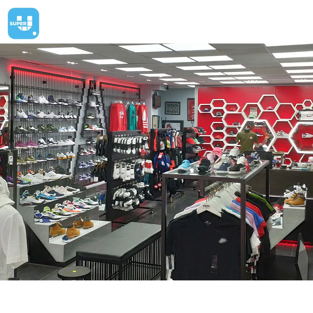 Customized Wholesale Tracksuit Shop Interior Design Metal Sportswear Shop Fitting Full Set Display Racks for Sports