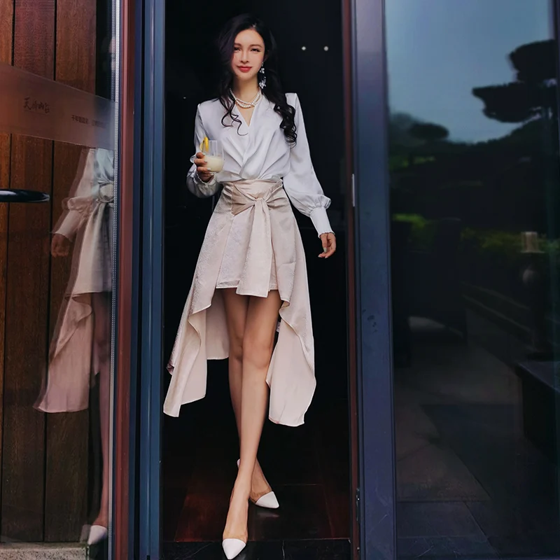 All-match color summer skirt custom-made luster shiny mid-knotted design skirt