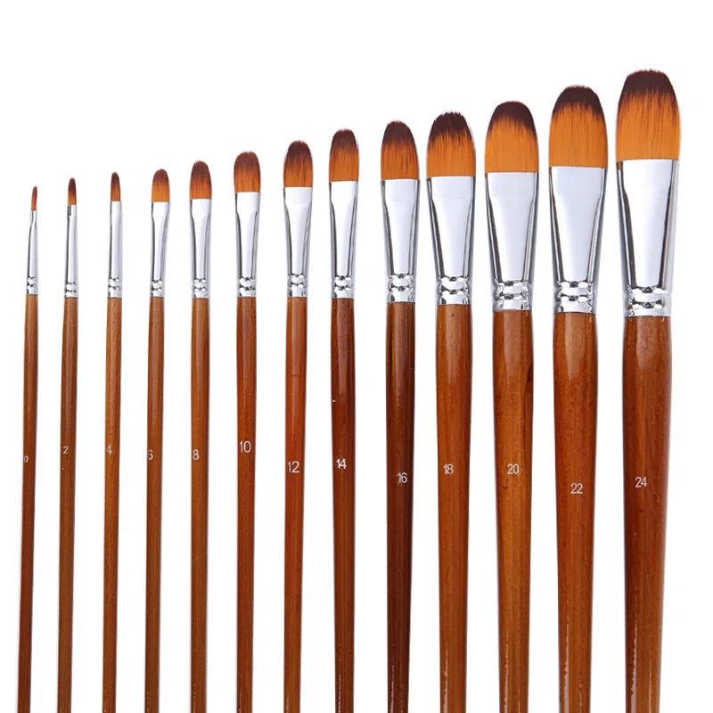 13 Pcs Nylon Hair Wood Long Handle Detail Paint Brush Paint Artist Round Filbert Flat Painting Brushes Set for Watercolor