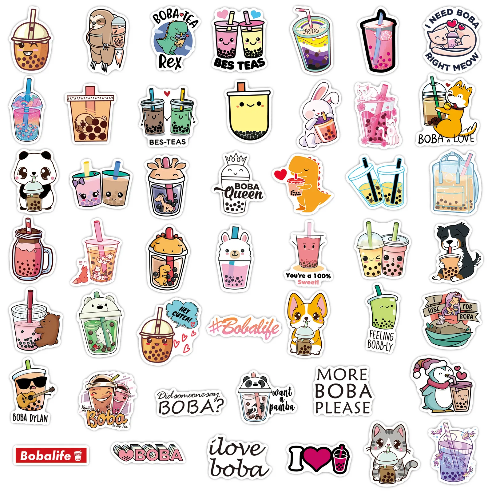 Hecion 50 Pcs Cartoon Boba Stickers Creative Laptop Luggage Skateboard Water Cup Waterproof Decoration Cartoon Boba Cup Sticker