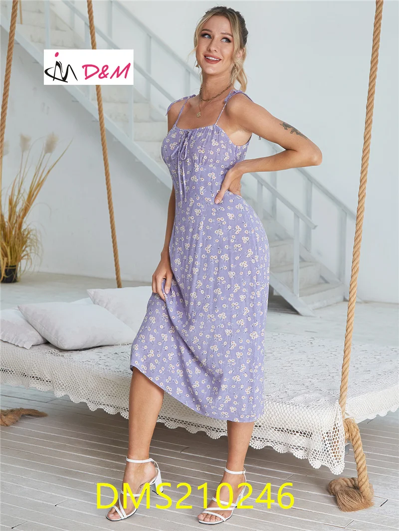 D&M 2021 Summer Clothes Midi Dress Print High Waist Tie Strap Long Sexy Casual Women Violet 100 Pieces Per Style Per Color T/T