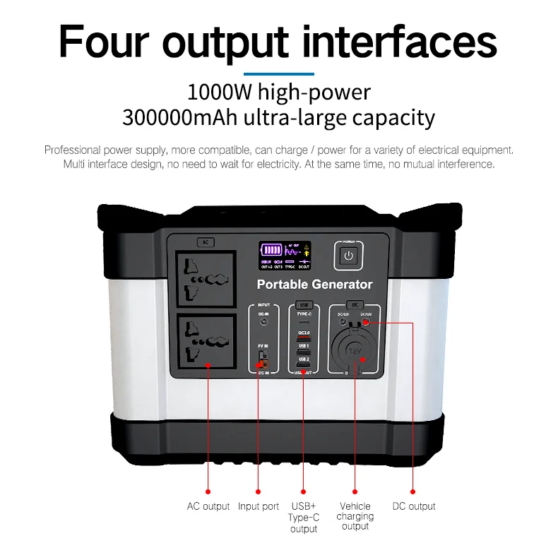 Aluminum Case Lithium Battery High-power Emergency Portable Power Station 1000w Solar Generator For Outdoor Power Supply Charger